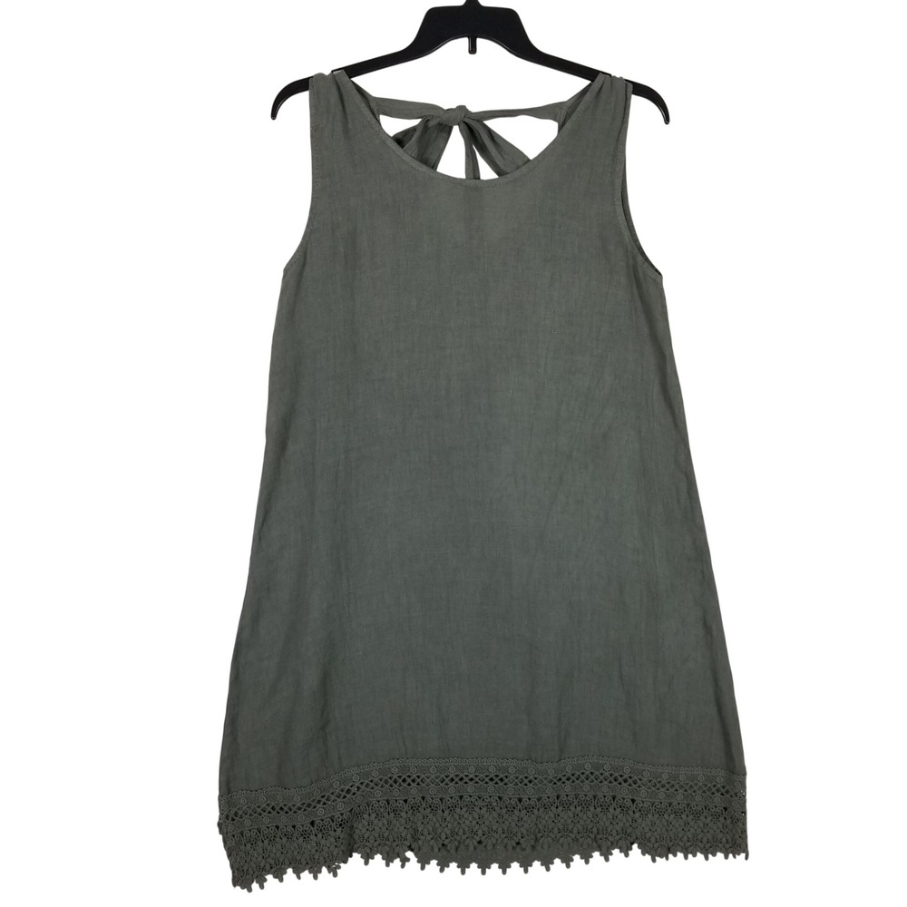 Rosemarine Tunic Dress Women S Green 100% Linen Made in Italy Crochet Lace Tie